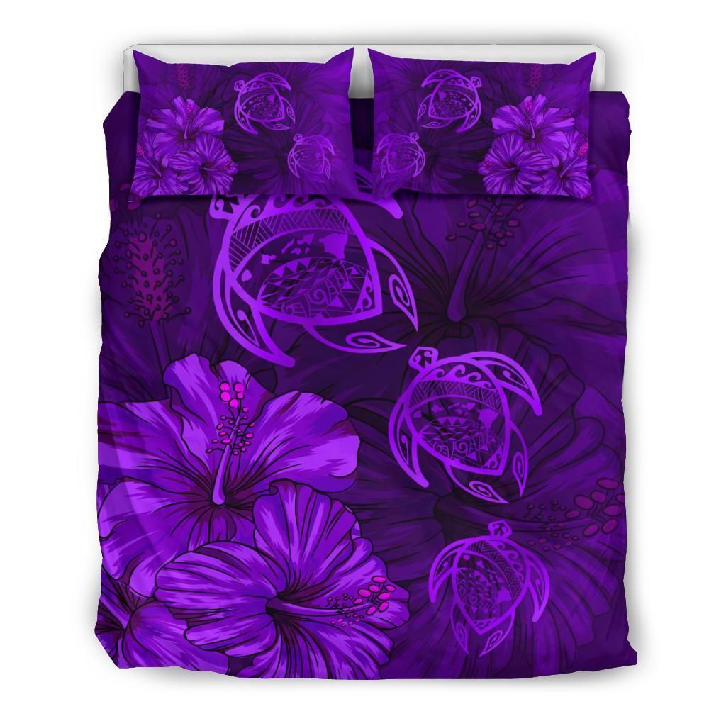 Hawaiian Map Turtle Hibiscus Vintage Polynesian Purple Bedding Set