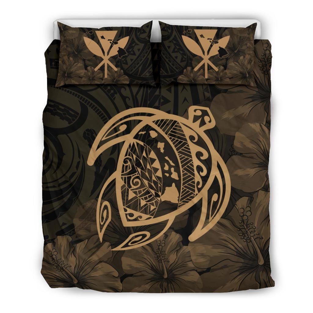 Hawaiian Map Turtle Kanaka Hibiscus Polynesian Gold Bedding Set