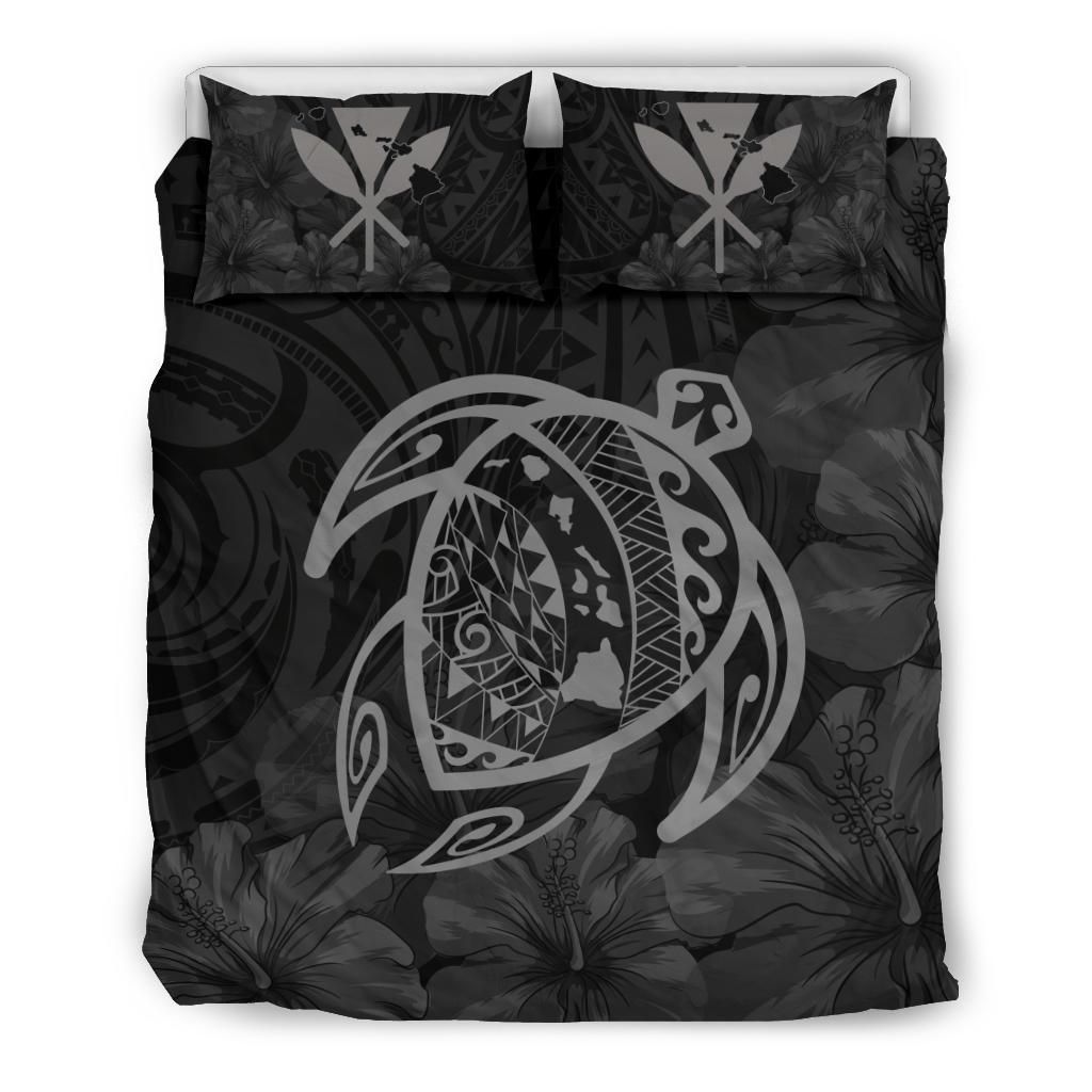 Hawaiian Map Turtle Kanaka Hibiscus Polynesian Gray Bedding Set