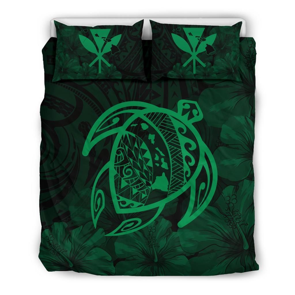 Hawaiian Map Turtle Kanaka Hibiscus Polynesian Green Bedding Set