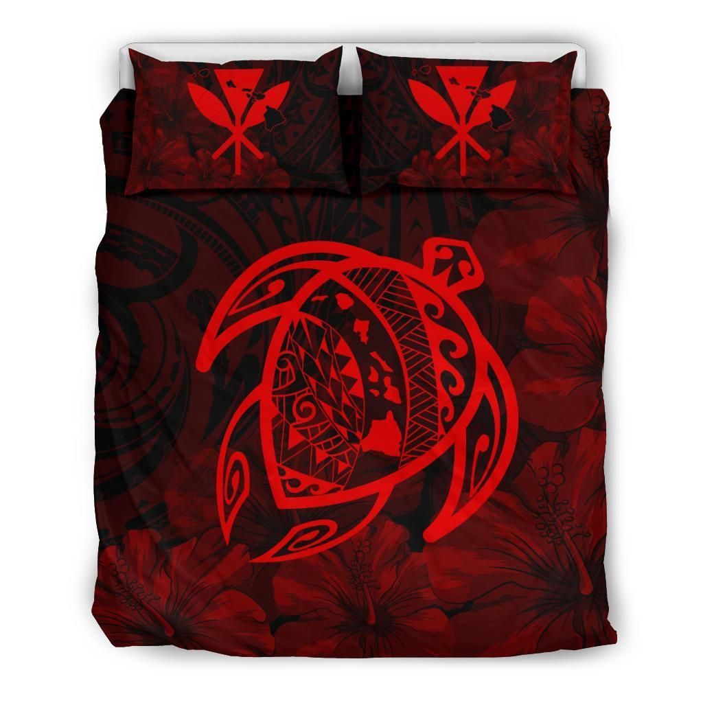 Hawaiian Map Turtle Kanaka Hibiscus Polynesian Maroon Bedding Set
