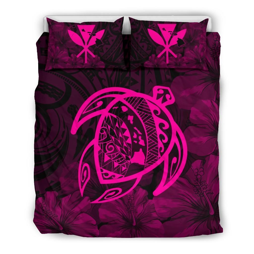 Hawaiian Map Turtle Kanaka Hibiscus Polynesian Pink Bedding Set