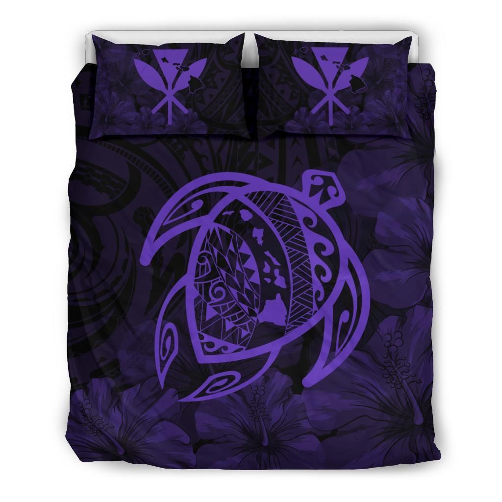 Hawaiian Map Turtle Kanaka Hibiscus Polynesian Purple Bedding Set