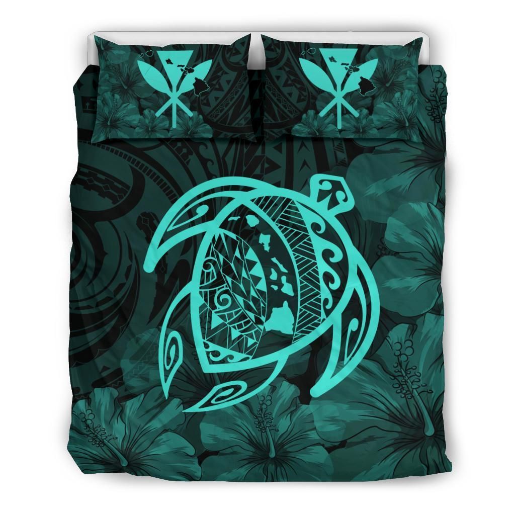 Hawaiian Map Turtle Kanaka Hibiscus Polynesian Turquoise Bedding Set