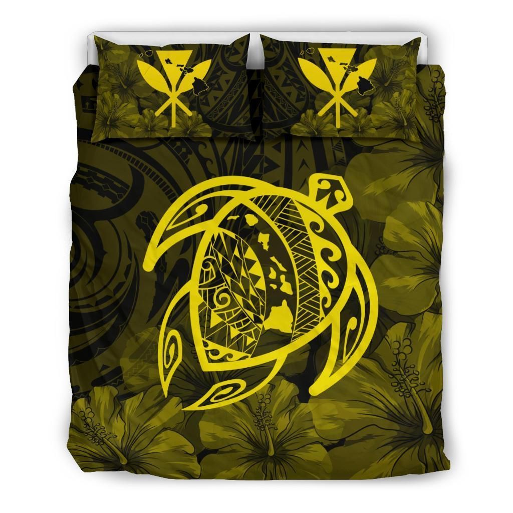 Hawaiian Map Turtle Kanaka Hibiscus Polynesian Yellow Bedding Set