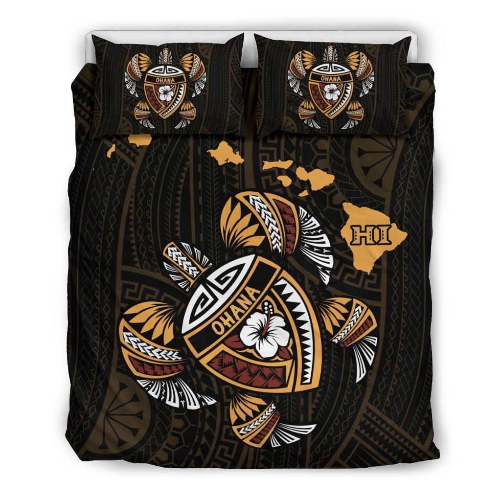 Hawaiian Map Turtle Ohana Hibiscus Kakau Polynesian Bedding Set