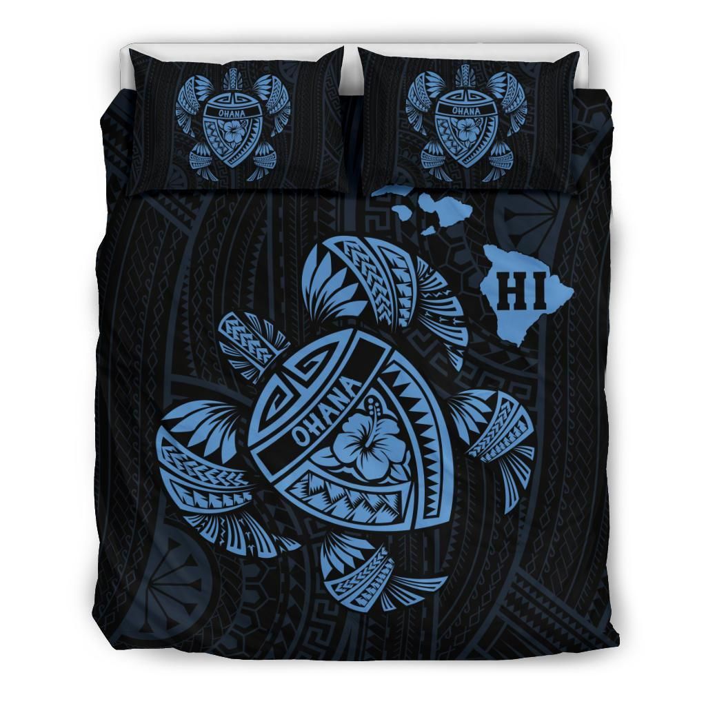 Hawaiian Map Turtle Ohana Hibiscus Polynesian Pastel Blue Bedding Set