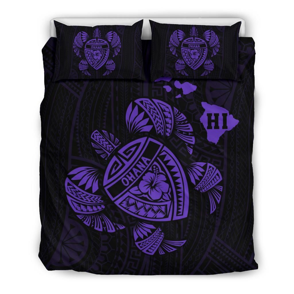Hawaiian Map Turtle Ohana Hibiscus Polynesian Purple Bedding Set