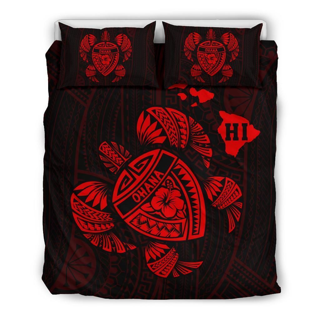 Hawaiian Map Turtle Ohana Hibiscus Polynesian Red Bedding Set