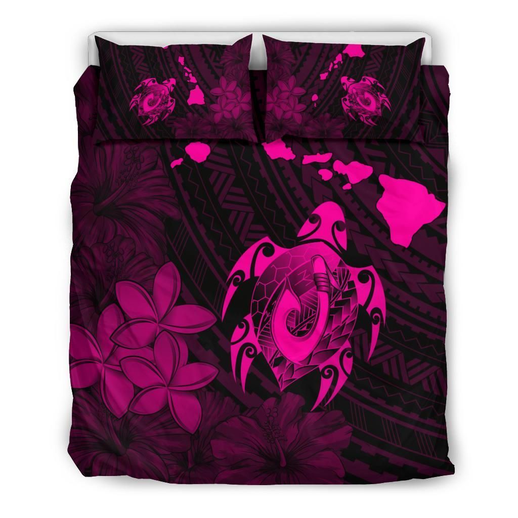 Hawaiian Map Turtle Plumeria Hibiscus Fish Hook Polynesian Bedding Set