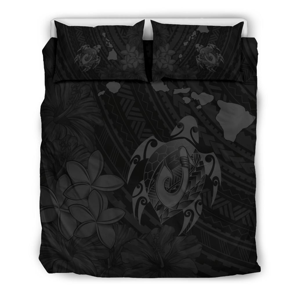 Hawaiian Map Turtle Plumeria Hibiscus Fish Hook Polynesian Grey Bedding Set
