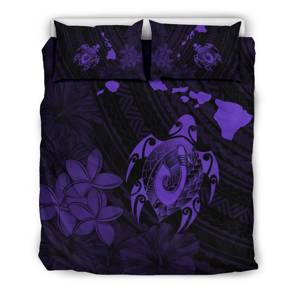 Hawaiian Map Turtle Plumeria Hibiscus Fish Hook Polynesian Purple Bedding Set