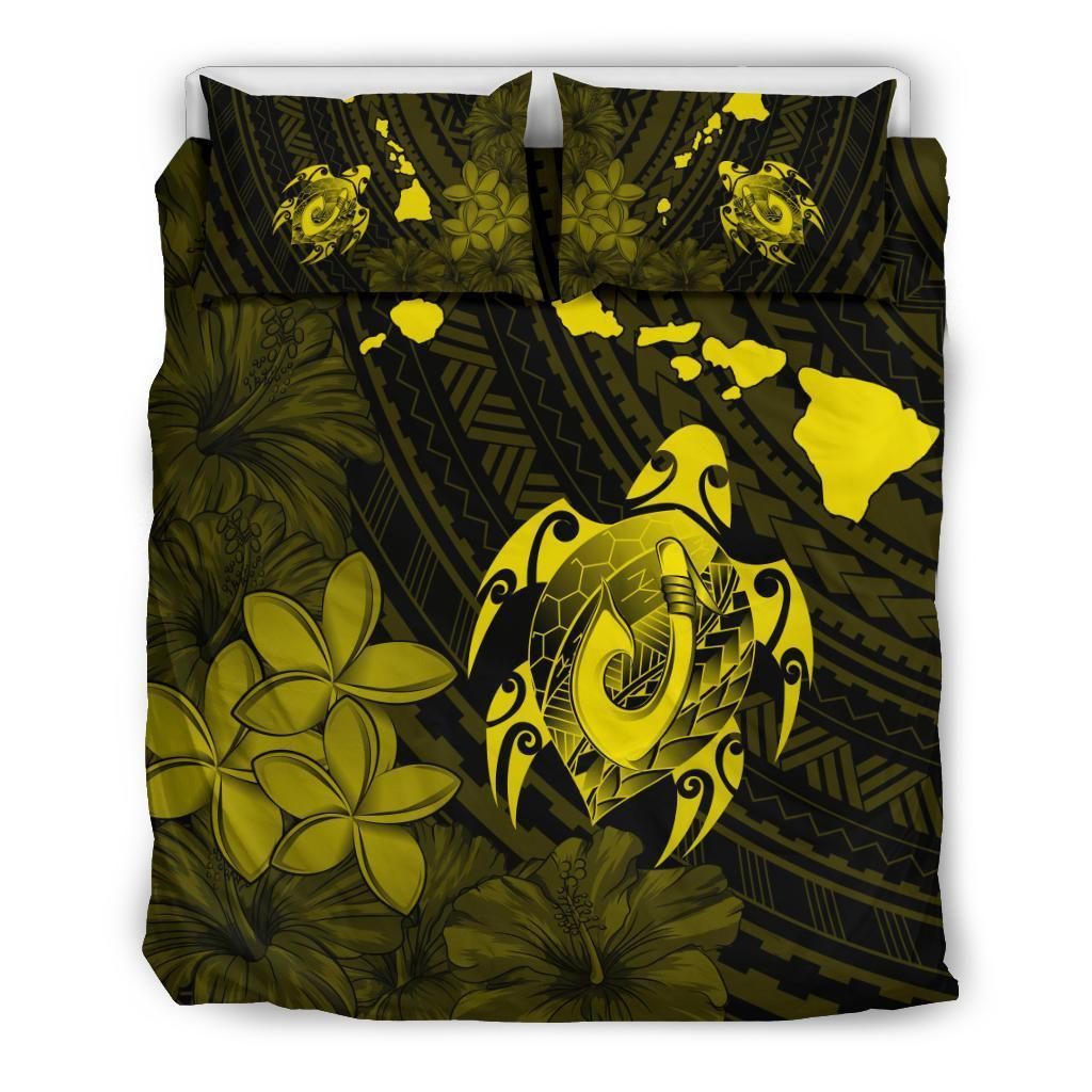 Hawaiian Map Turtle Plumeria Hibiscus Fish Hook Polynesian Yellow Bedding Set