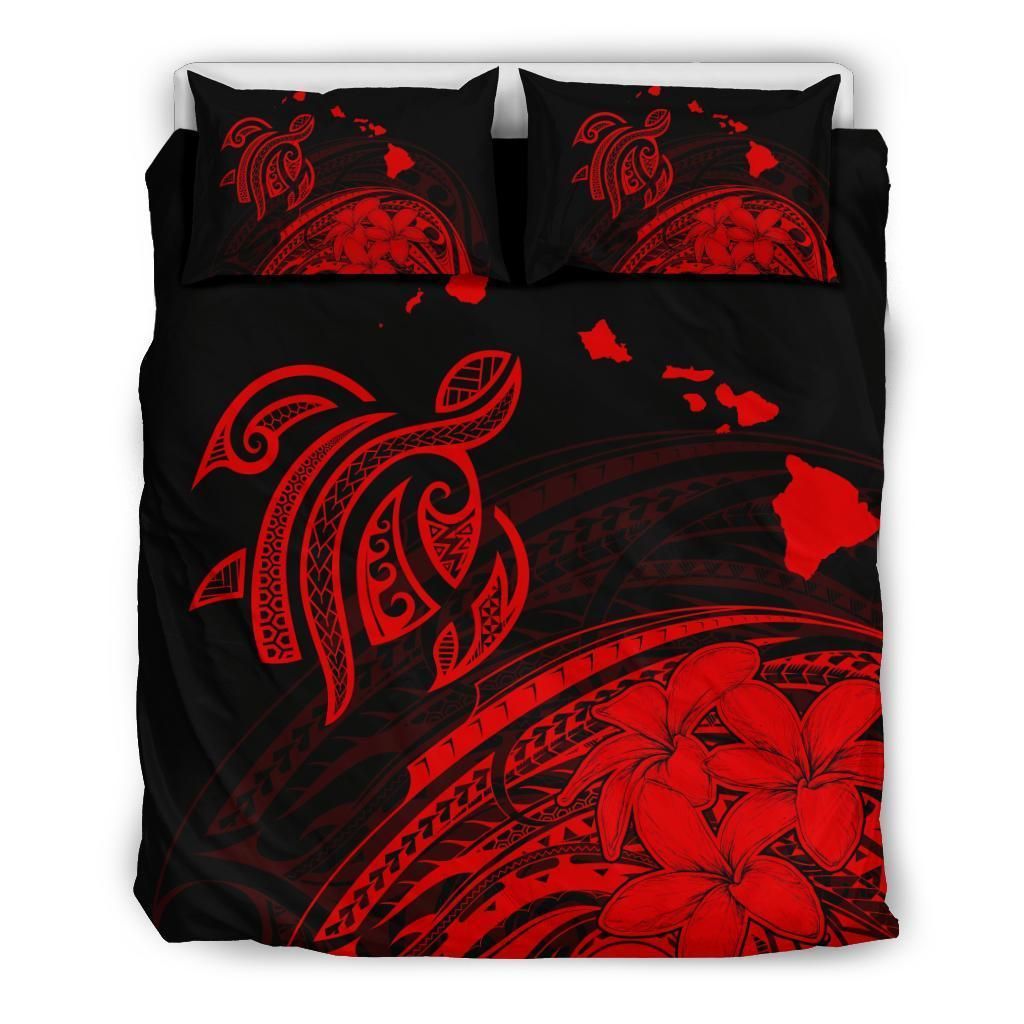 Hawaiian Map Turtle Plumeria Polynesian Red Bedding Set