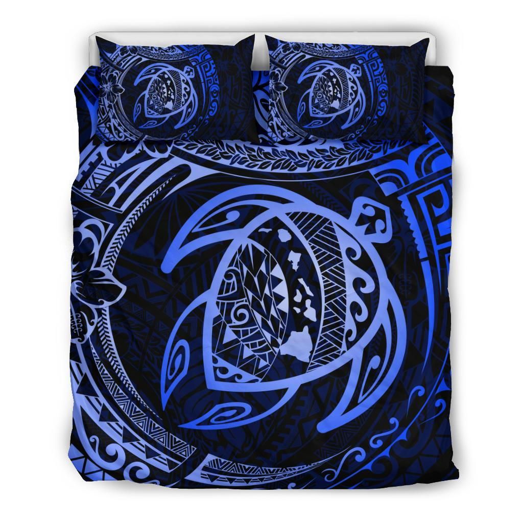 Hawaiian Map Turtle Polynesian Circle Blue Bedding Set