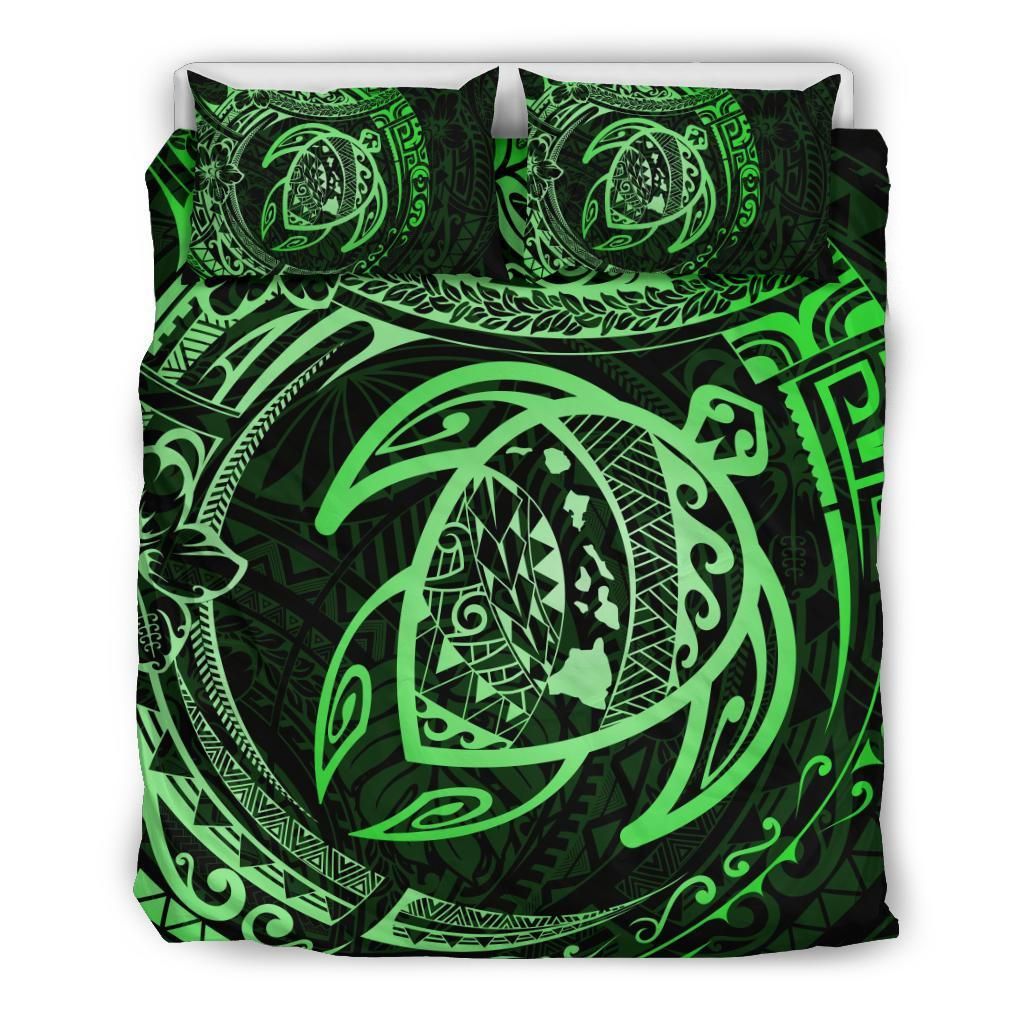 Hawaiian Map Turtle Polynesian Circle Green Bedding Set
