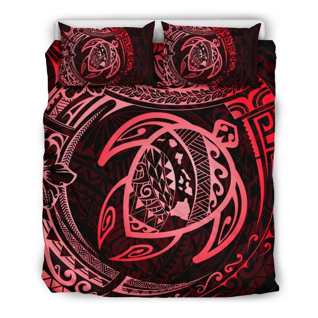 Hawaiian Map Turtle Polynesian Circle Red Bedding Set