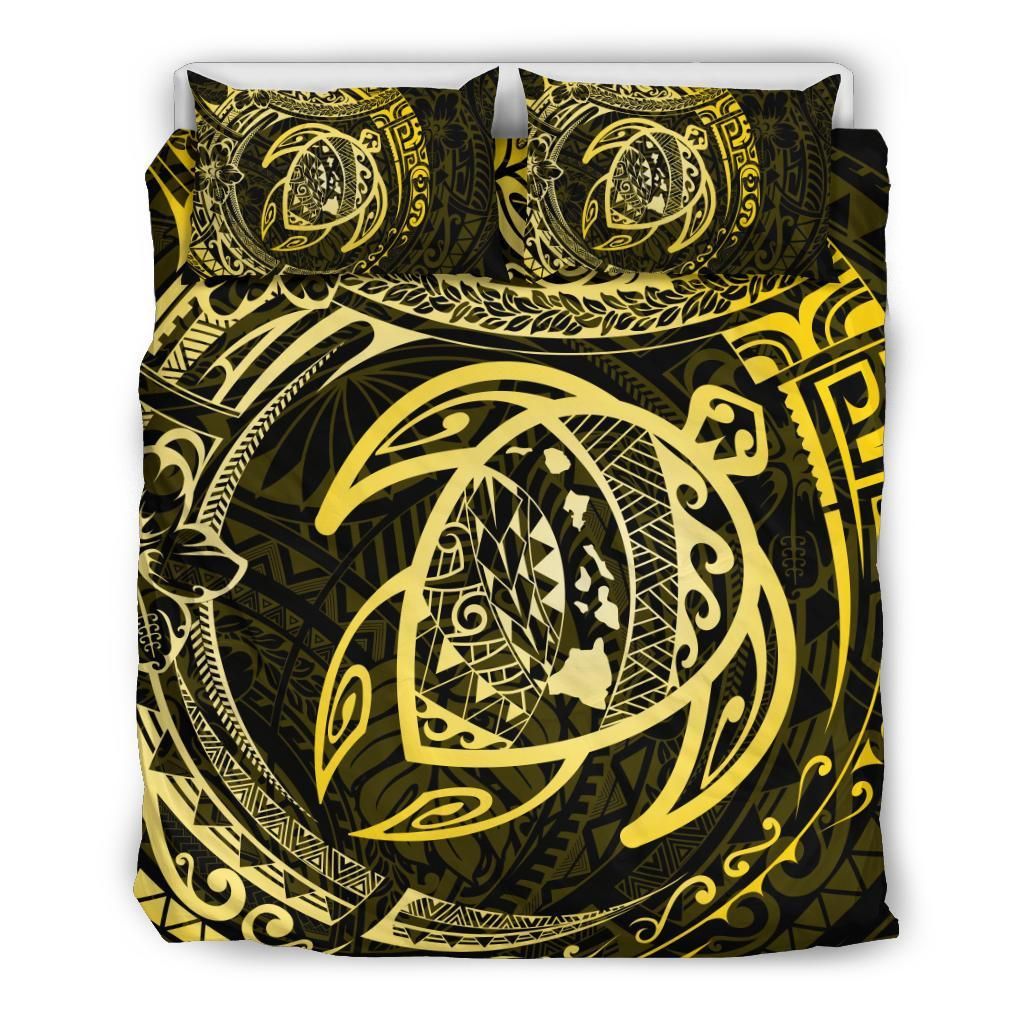 Hawaiian Map Turtle Polynesian Circle Yellow Bedding Set