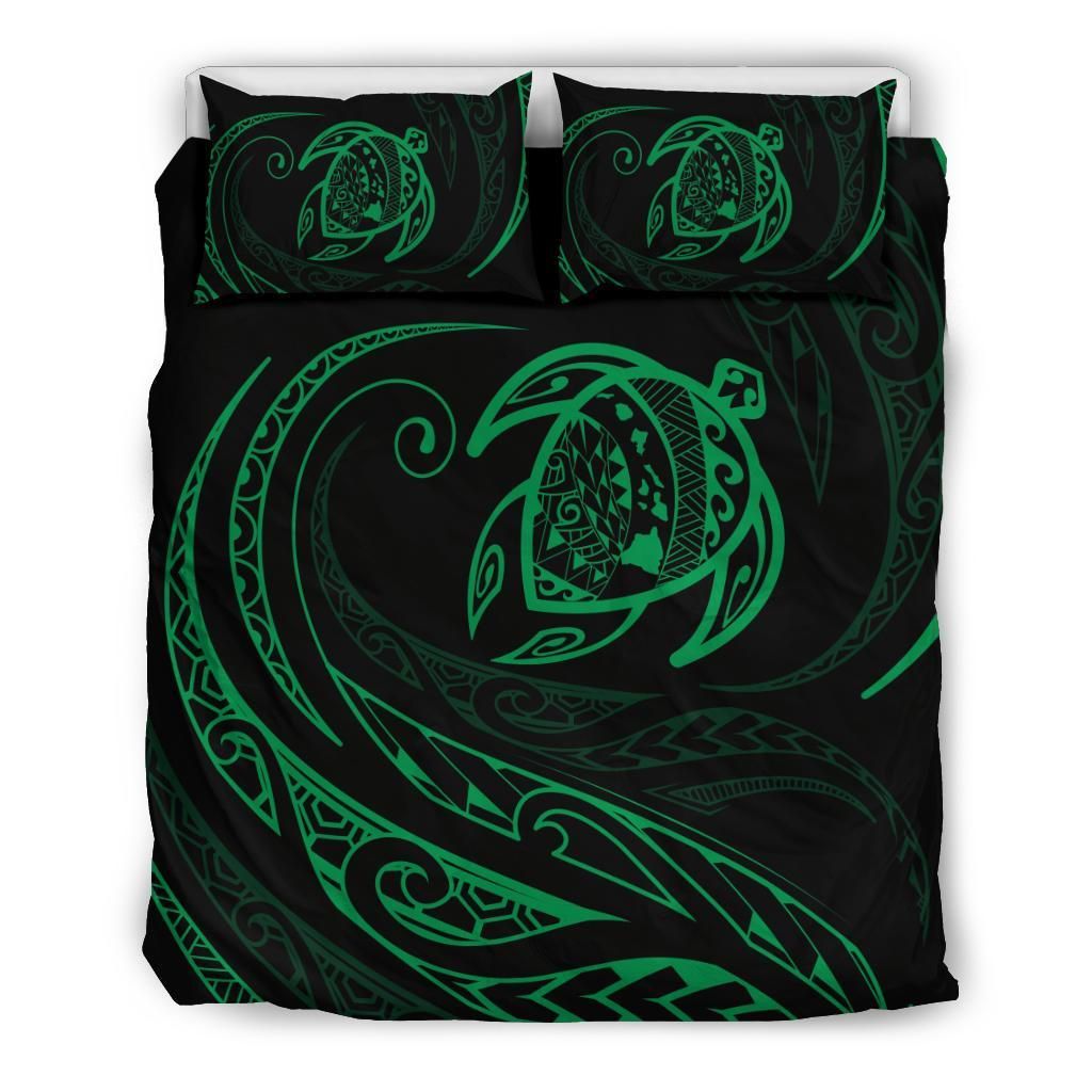 Hawaiian Map Turtle Polynesian Dark Green Bedding Set