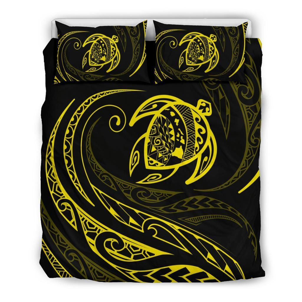 Hawaiian Map Turtle Polynesian Yellow And Black Bedding Set