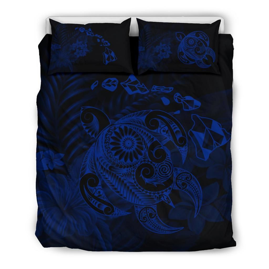 Hawaiian Map Turtle Tattoo Hibiscus Plumeria Polynesian Blue Bedding Set