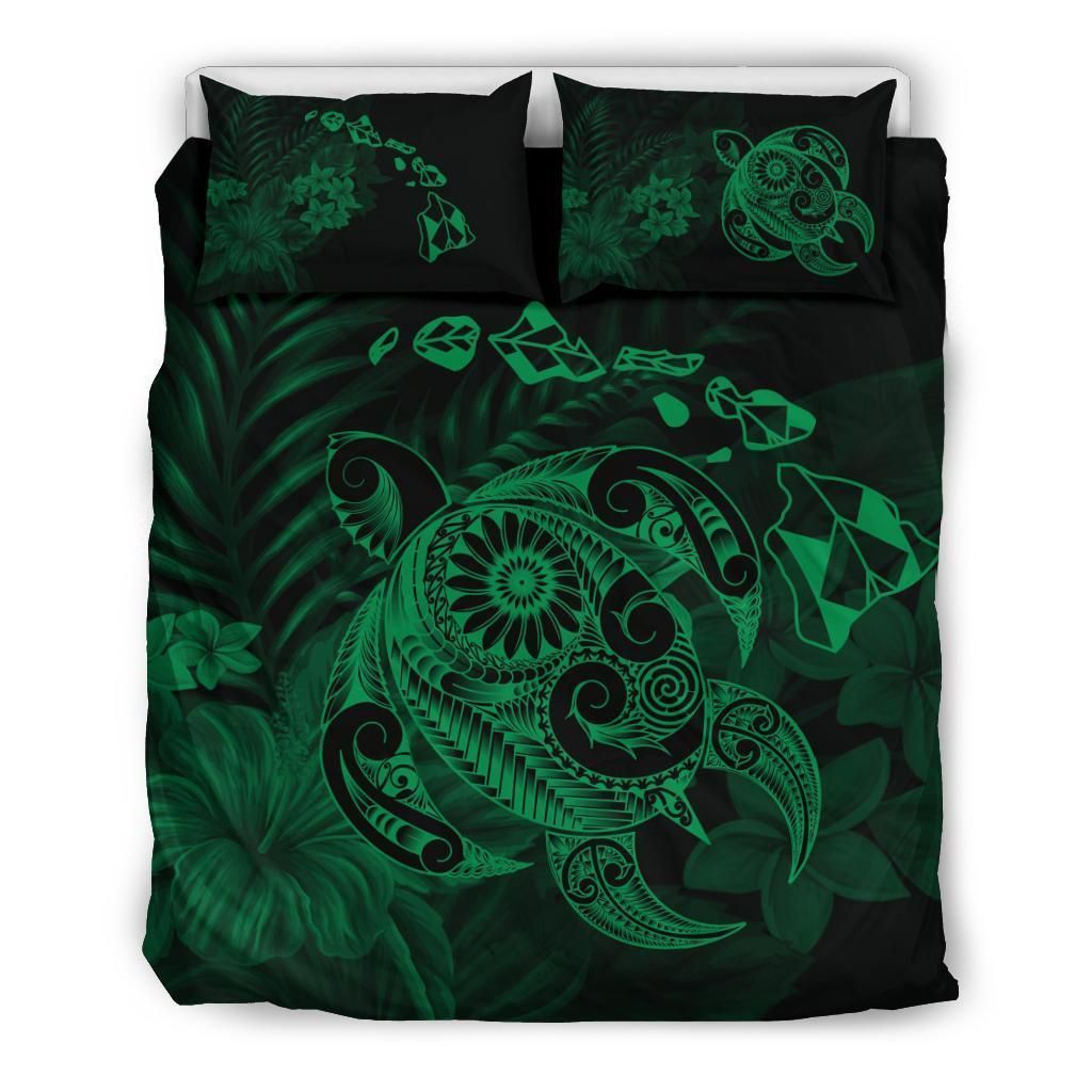 Hawaiian Map Turtle Tattoo Hibiscus Plumeria Polynesian Green Bedding Set