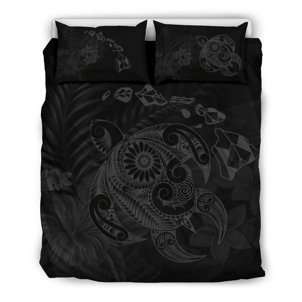 Hawaiian Map Turtle Tattoo Hibiscus Plumeria Polynesian Grey Bedding Set