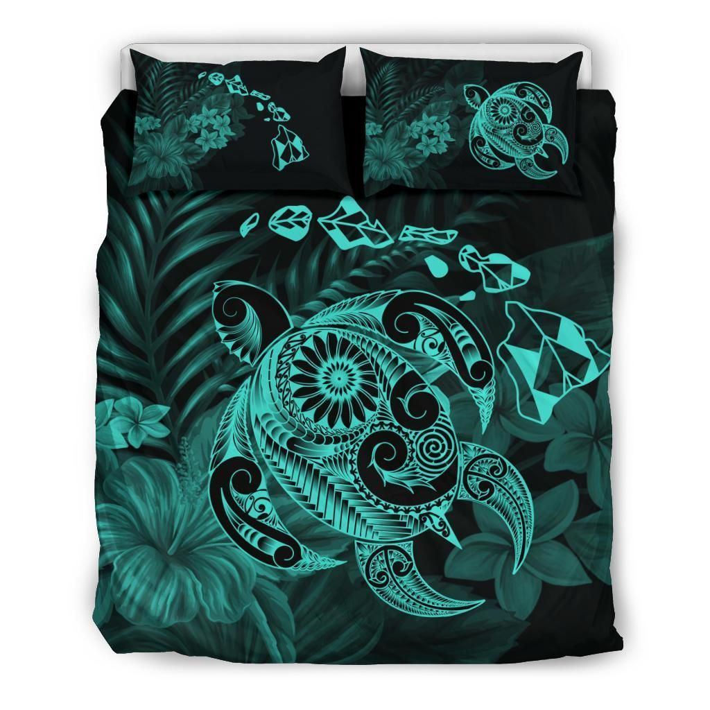Hawaiian Map Turtle Tattoo Hibiscus Plumeria Polynesian Turquoise Bedding Set
