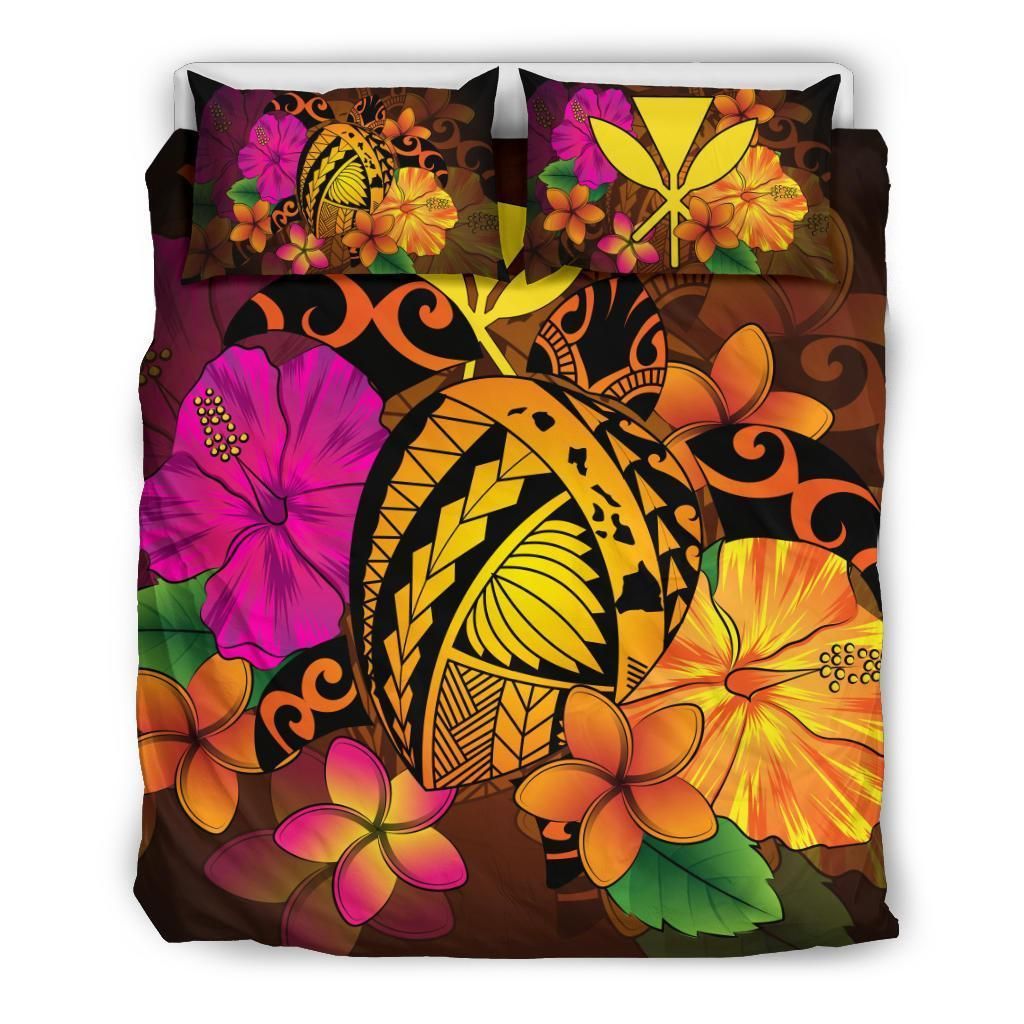 Hawaiian Map Turtle Tribal Kanaka Hibiscus Plumeria Polynesian Bedding Set