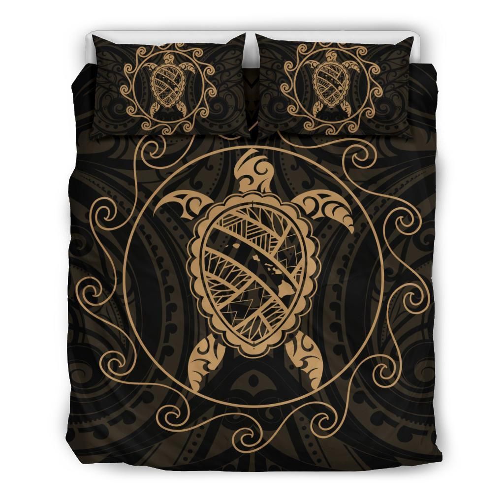 Hawaiian Map Turtle Wave Polynesian Gold Bedding Set