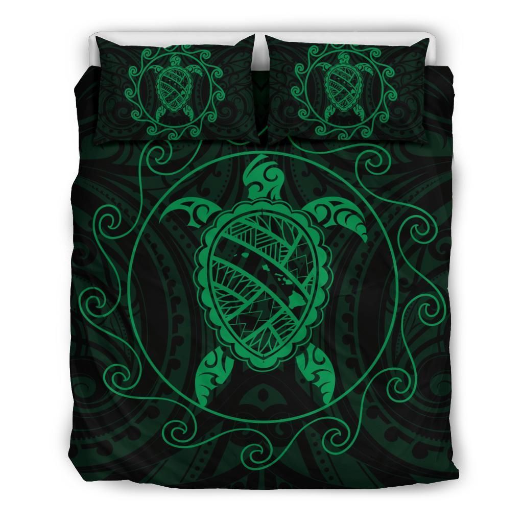 Hawaiian Map Turtle Wave Polynesian Green Bedding Set