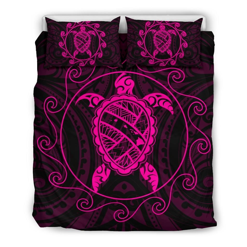 Hawaiian Map Turtle Wave Polynesian Pink Bedding Set