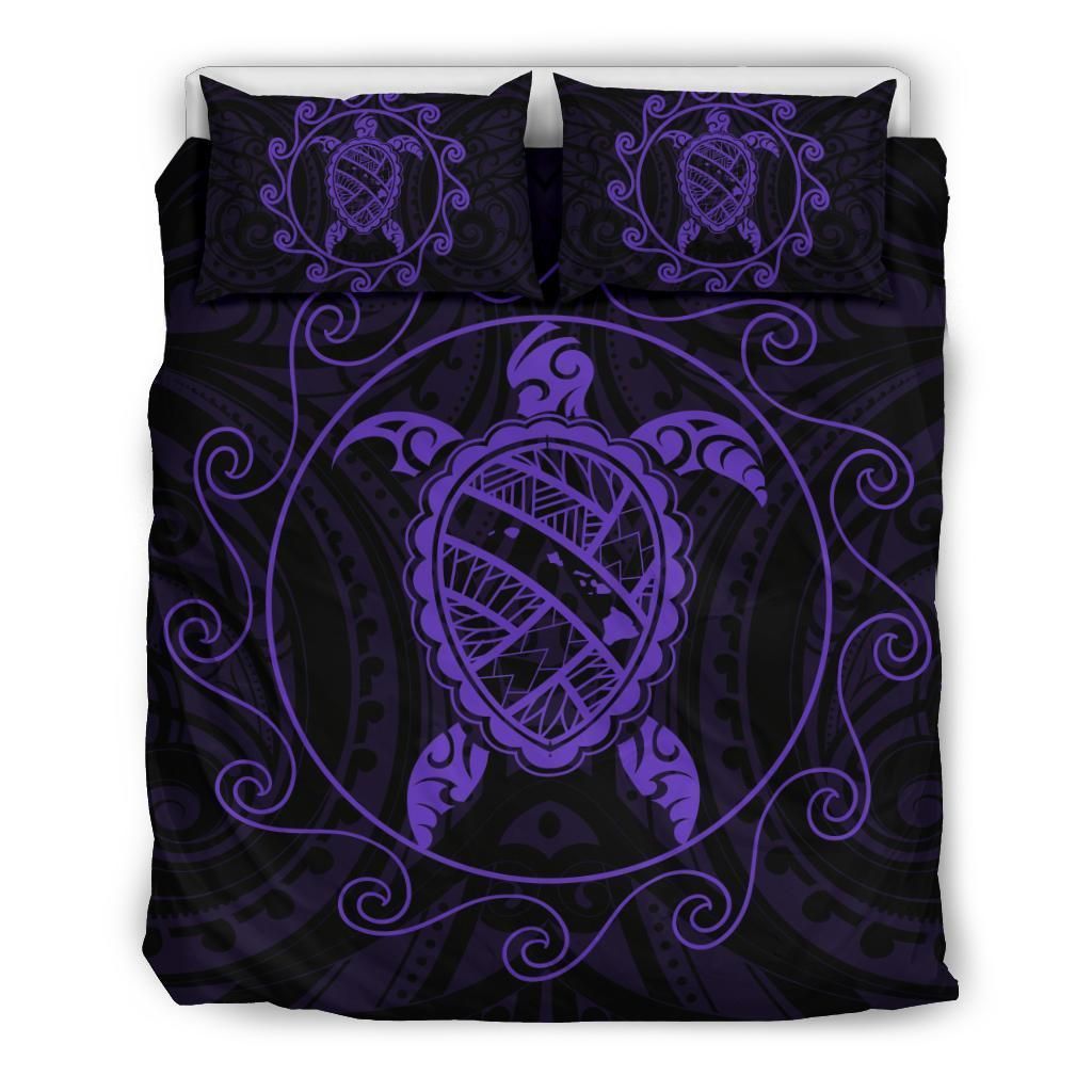 Hawaiian Map Turtle Wave Polynesian Purple Bedding Set