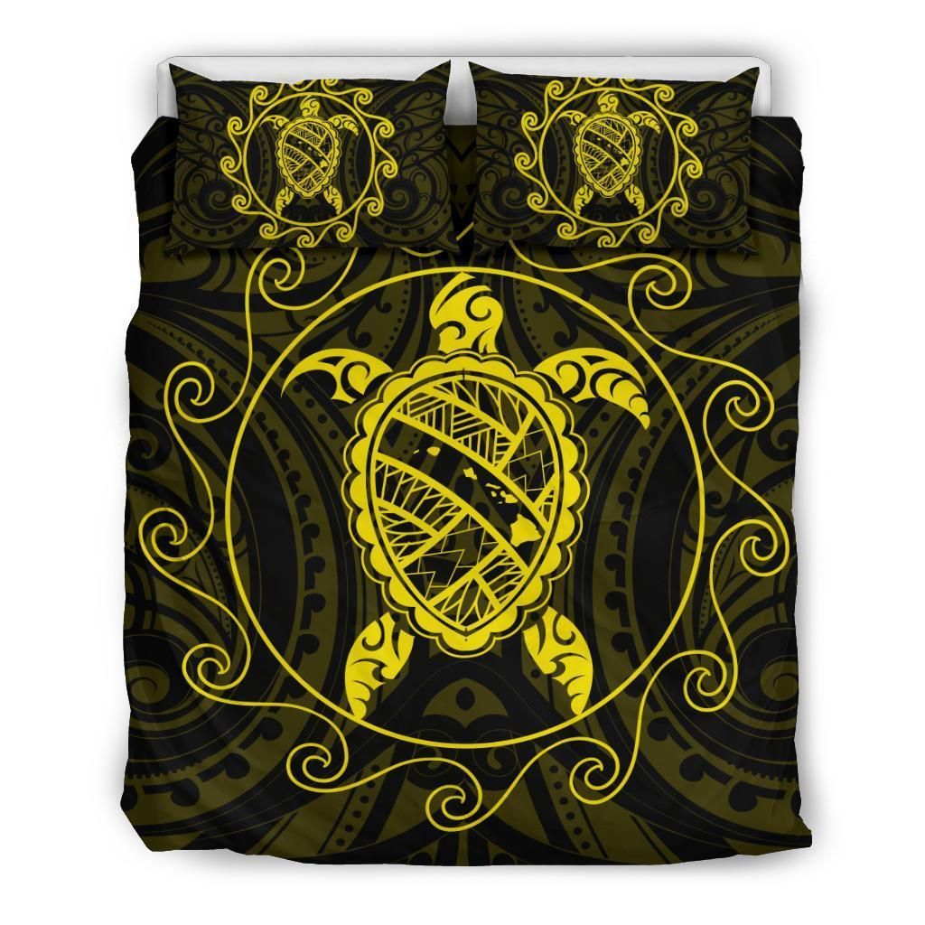 Hawaiian Map Turtle Wave Polynesian Yellow Bedding Set
