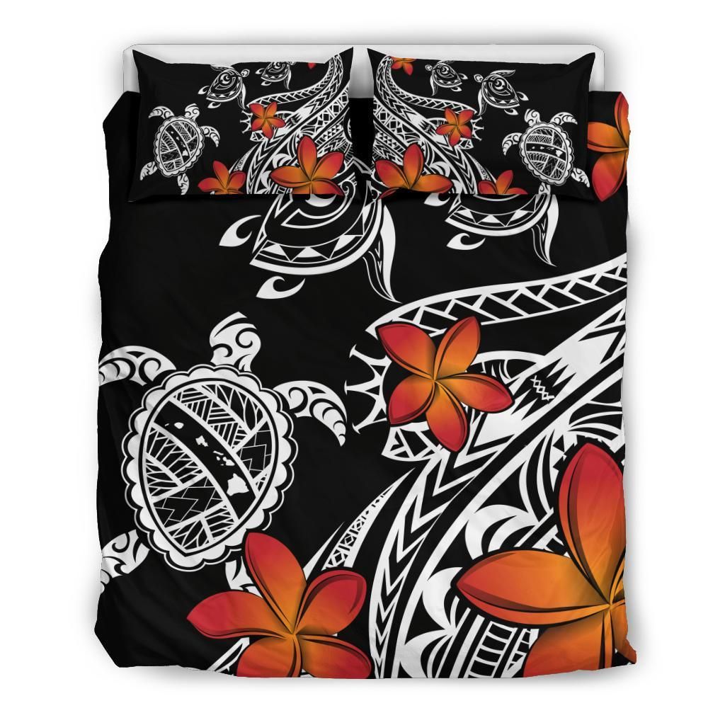 Hawaiian Map Turtles Swim Plumeria White Polynesian Bedding Set