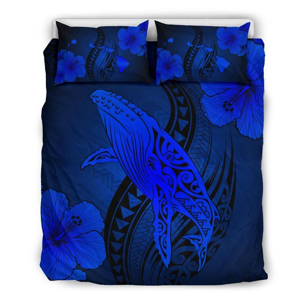 Hawaiian Map Whale Swim Hibiscus Polynesian Blue Bedding Set
