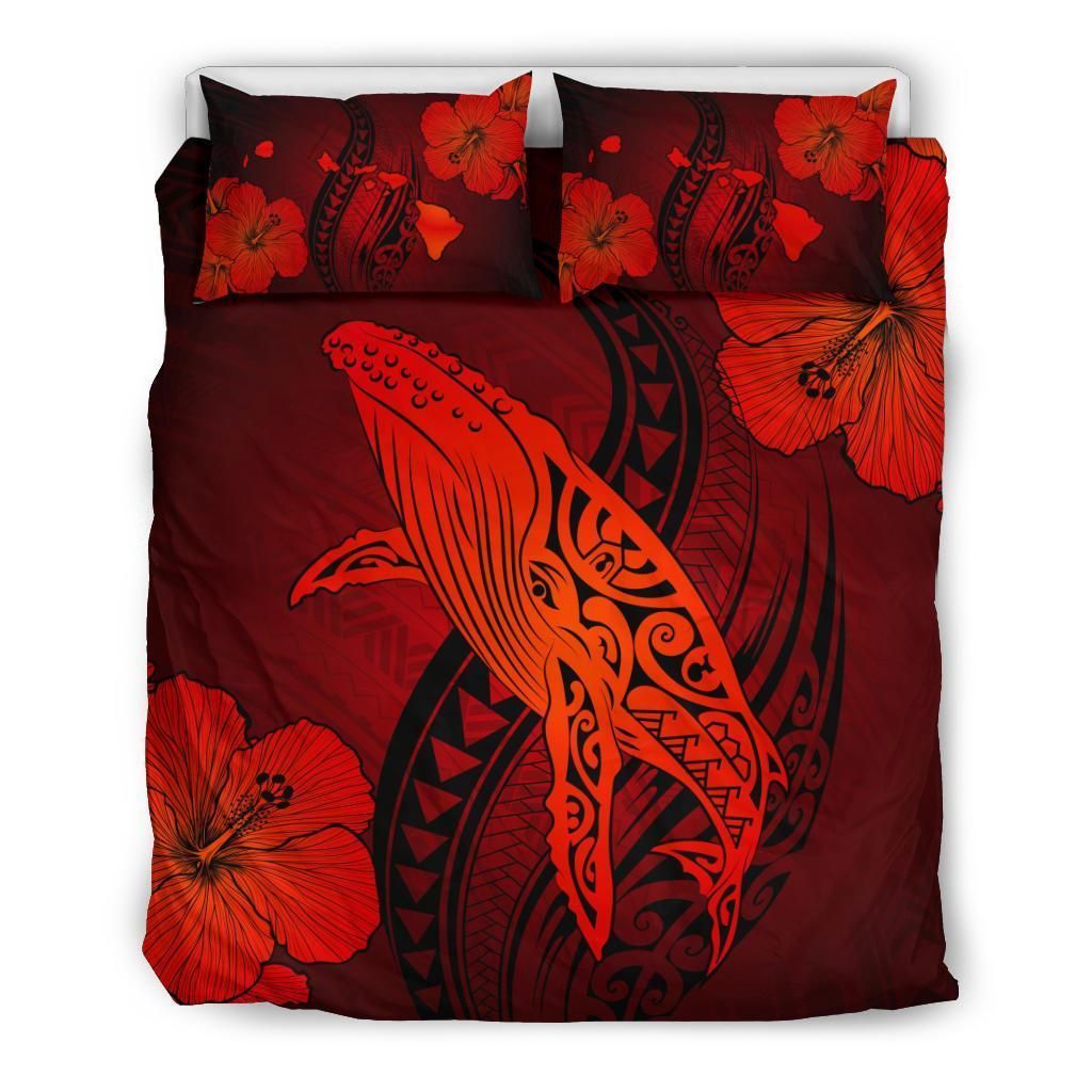 Hawaiian Map Whale Swim Hibiscus Polynesian Bedding Set