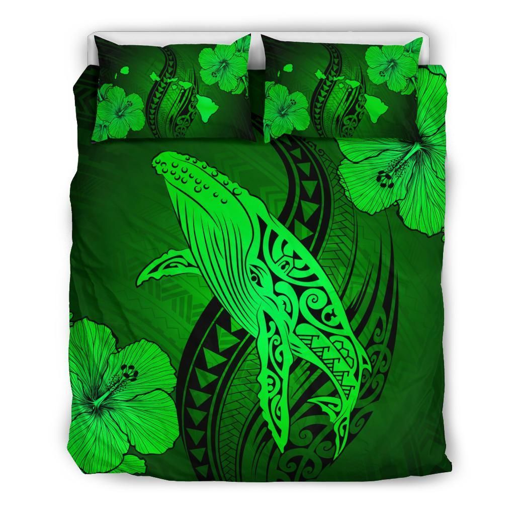 Hawaiian Map Whale Swim Hibiscus Polynesian Green Bedding Set