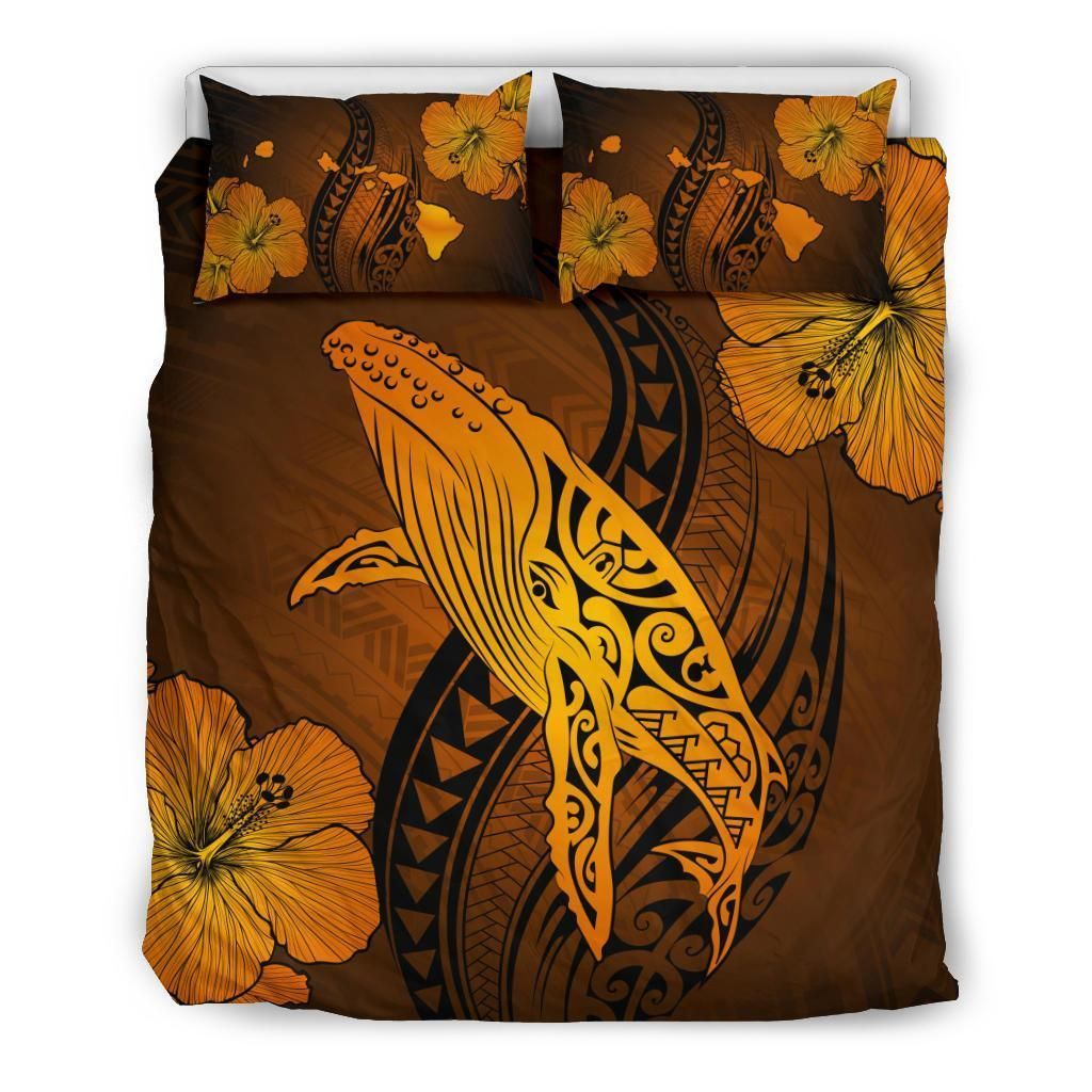Hawaiian Map Whale Swim Hibiscus Polynesian Orange Bedding Set