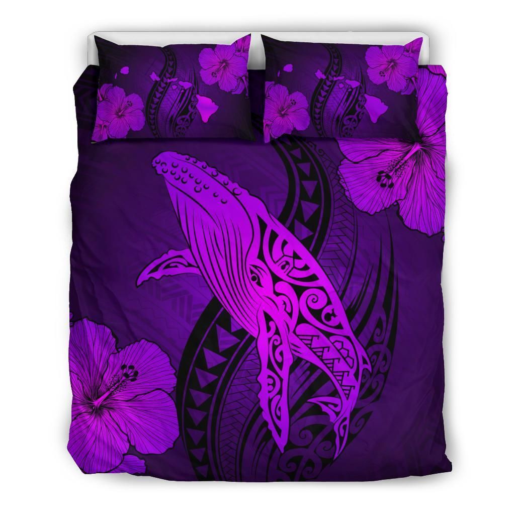 Hawaiian Map Whale Swim Hibiscus Polynesian Purple Bedding Set