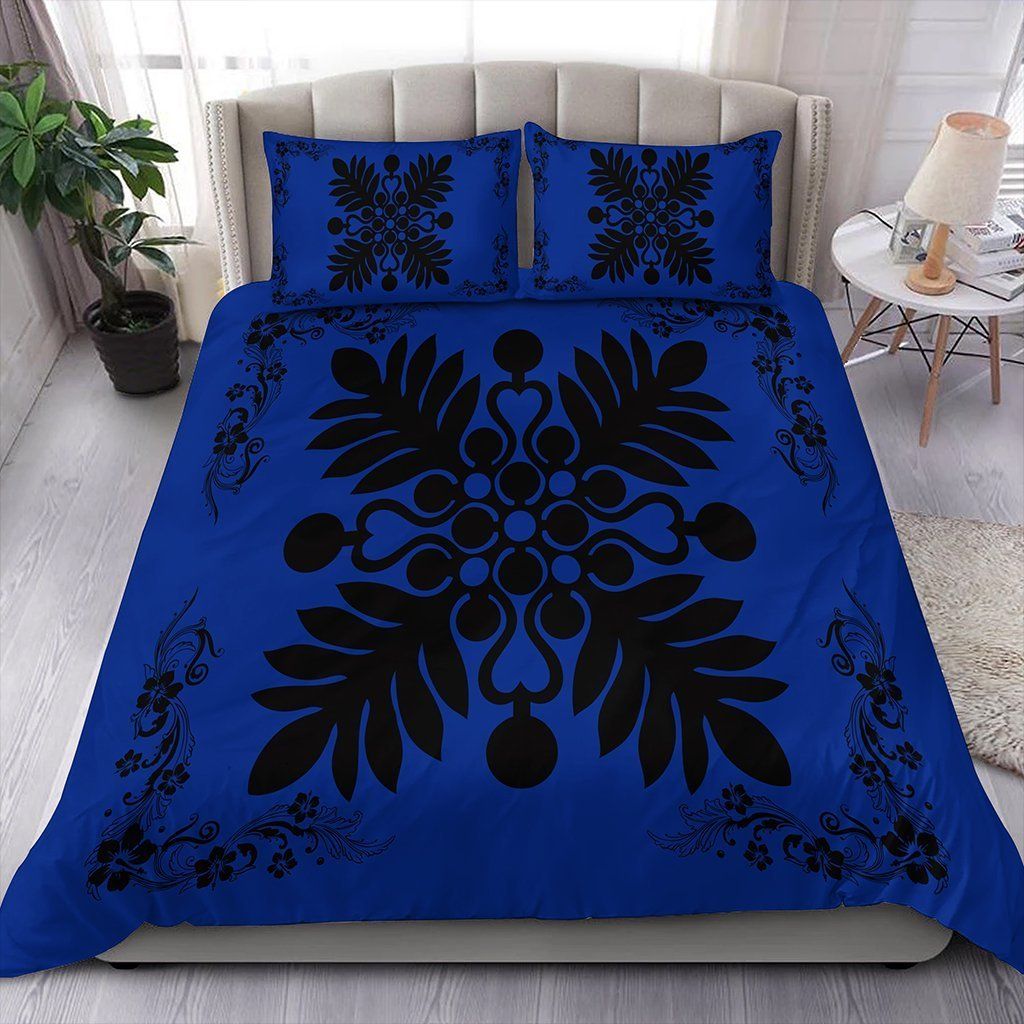 Hawaiian Maui Plant And Hibiscus Pattern Black Blue Bedding Set