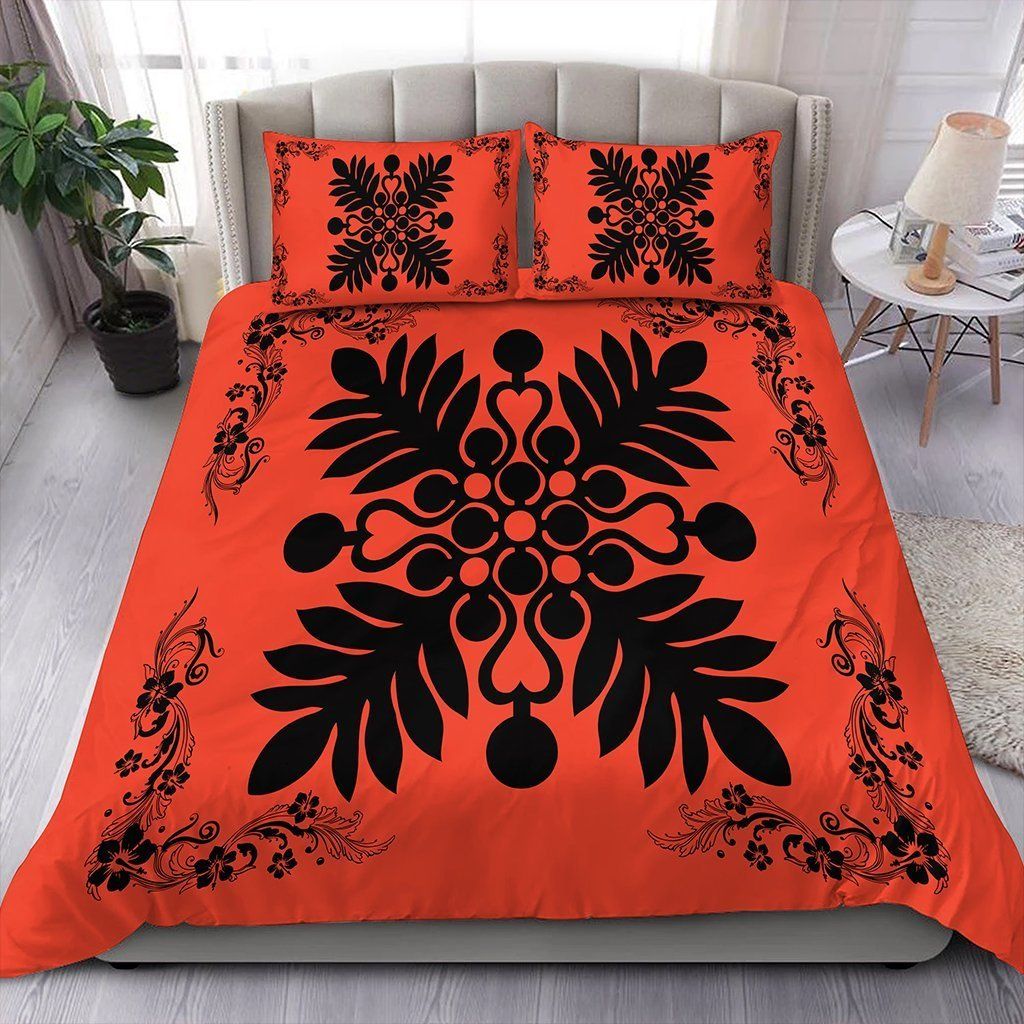 Hawaiian Maui Plant And Hibiscus Pattern Black Orange Bedding Set