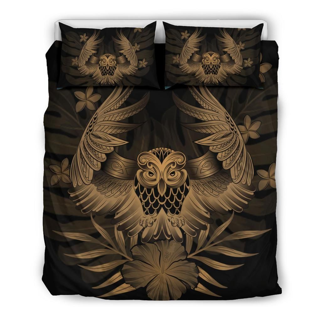 Hawaiian Owl Hibiscus Plumeria Polynesian Gold Bedding Set