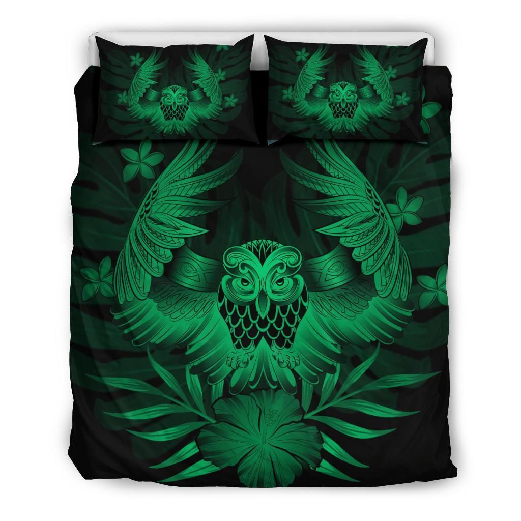 Hawaiian Owl Hibiscus Plumeria Polynesian Green Bedding Set