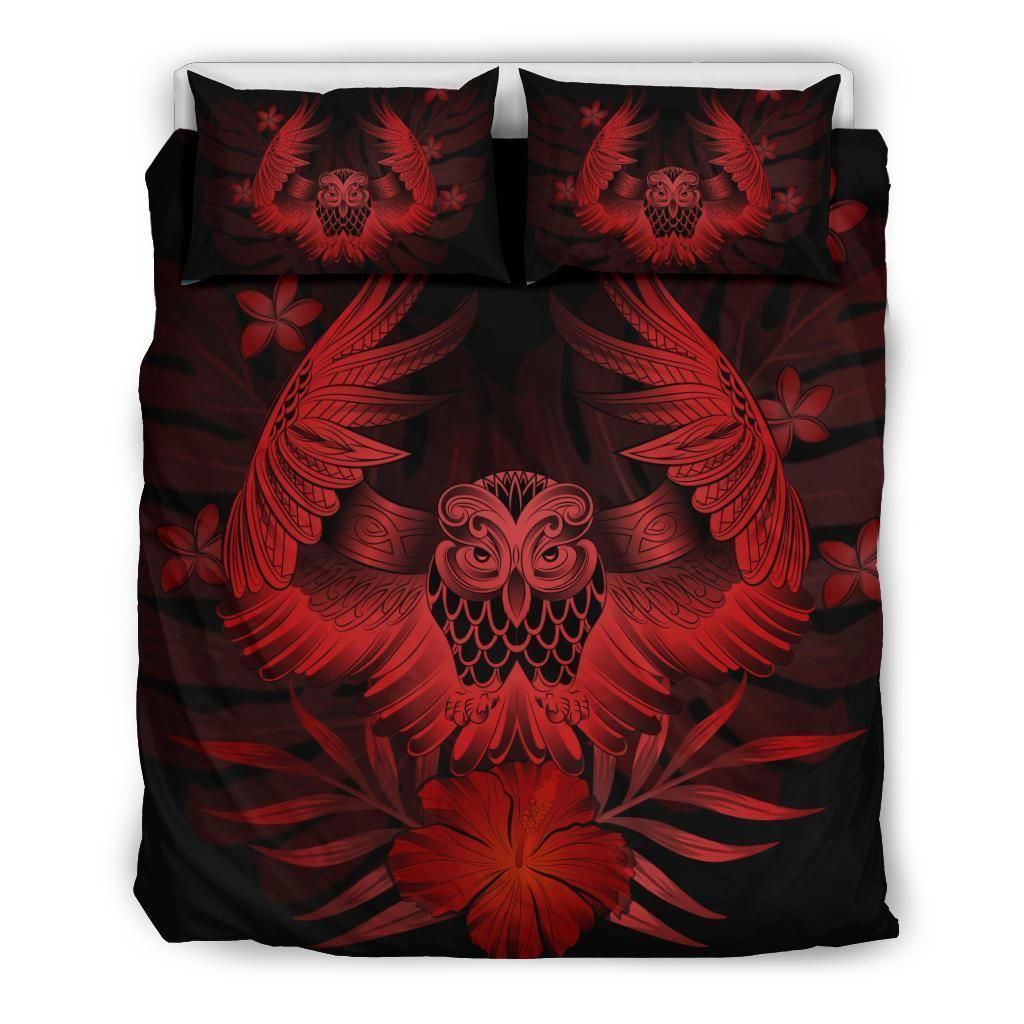 Hawaiian Owl Hibiscus Plumeria Polynesian Red Bedding Set