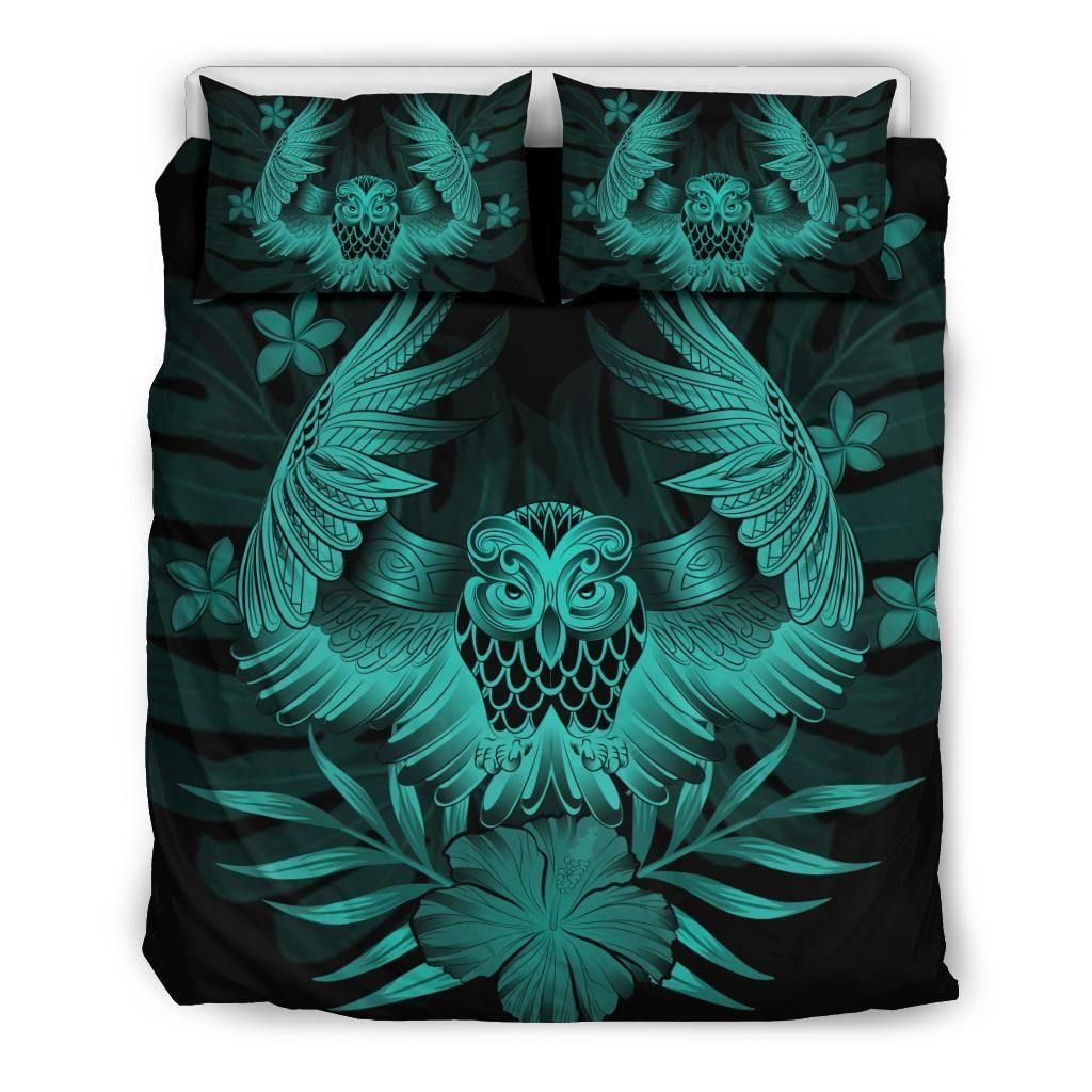 Hawaiian Owl Hibiscus Plumeria Polynesian Turquoise Bedding Set