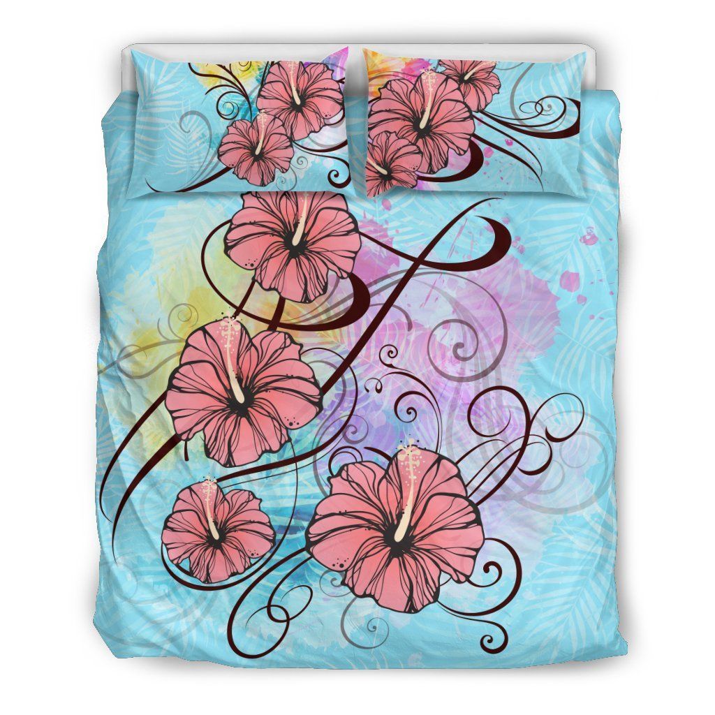 Hawaiian Palm Leaf Hibiscus Blue And Pink Bedding Set