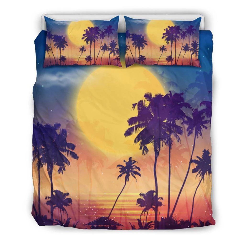 Hawaiian Palm Tree On The Beach Moon Night Polynesian Bedding Set