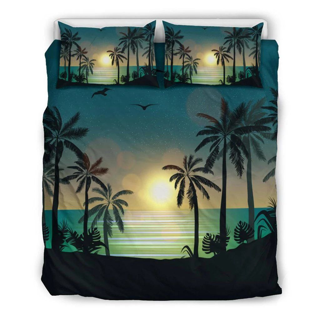 Hawaiian Palm Tree Sunset On The Beach Polynesian Bedding Set