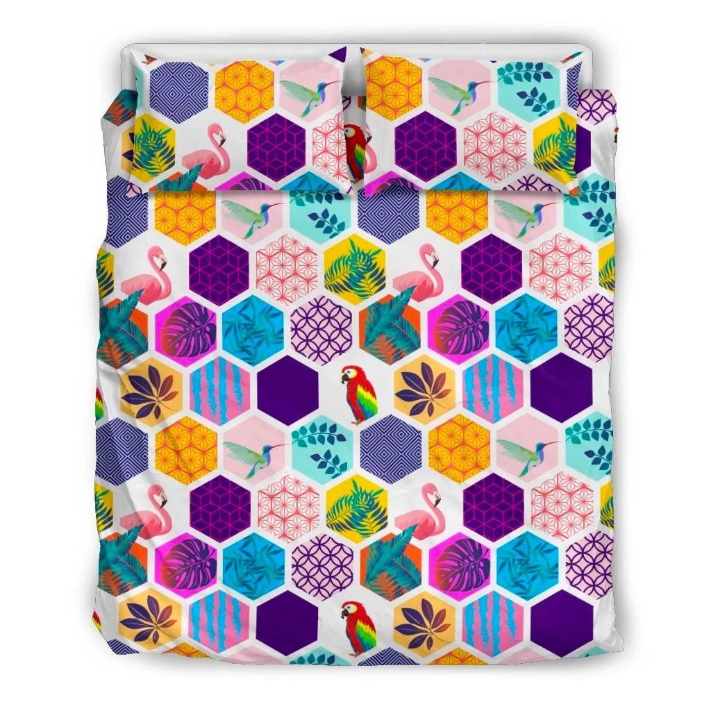 Hawaiian Parrot Toucans Hummingbird Flamingo Tropical Leaves Polynesian Bedding Set